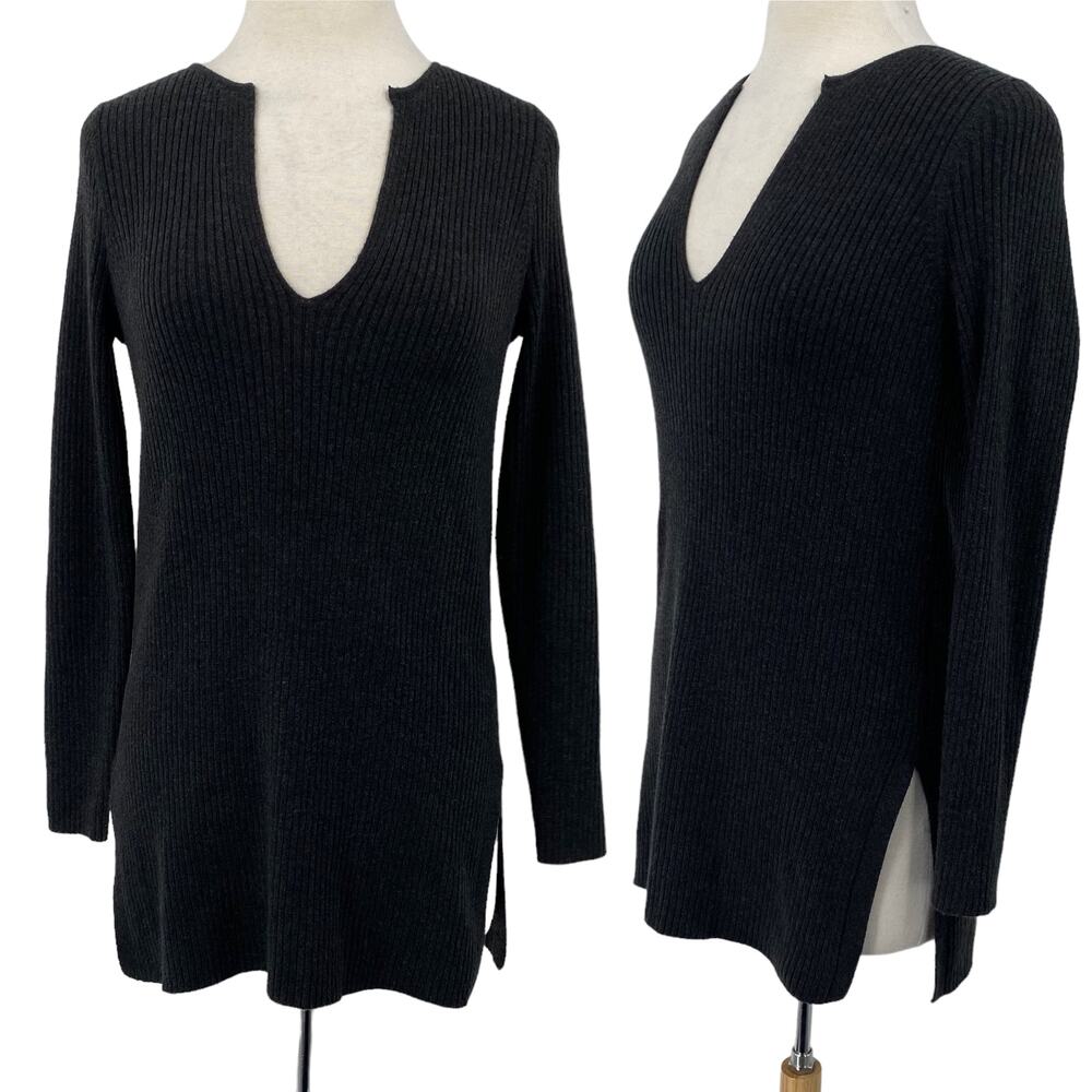 Anthropologie Ett:twa Pullover Sweater Rib Knit Merino Wool Vneck Grey Womens XS